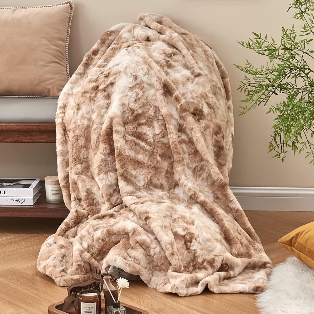 Krifey Faux Fur Throw Blanket, Super Soft Cozy Blanket, Luxury Fluffy Blanket Warm Bed Throw, Plush for Women, Marbled Beige 50" x 60"