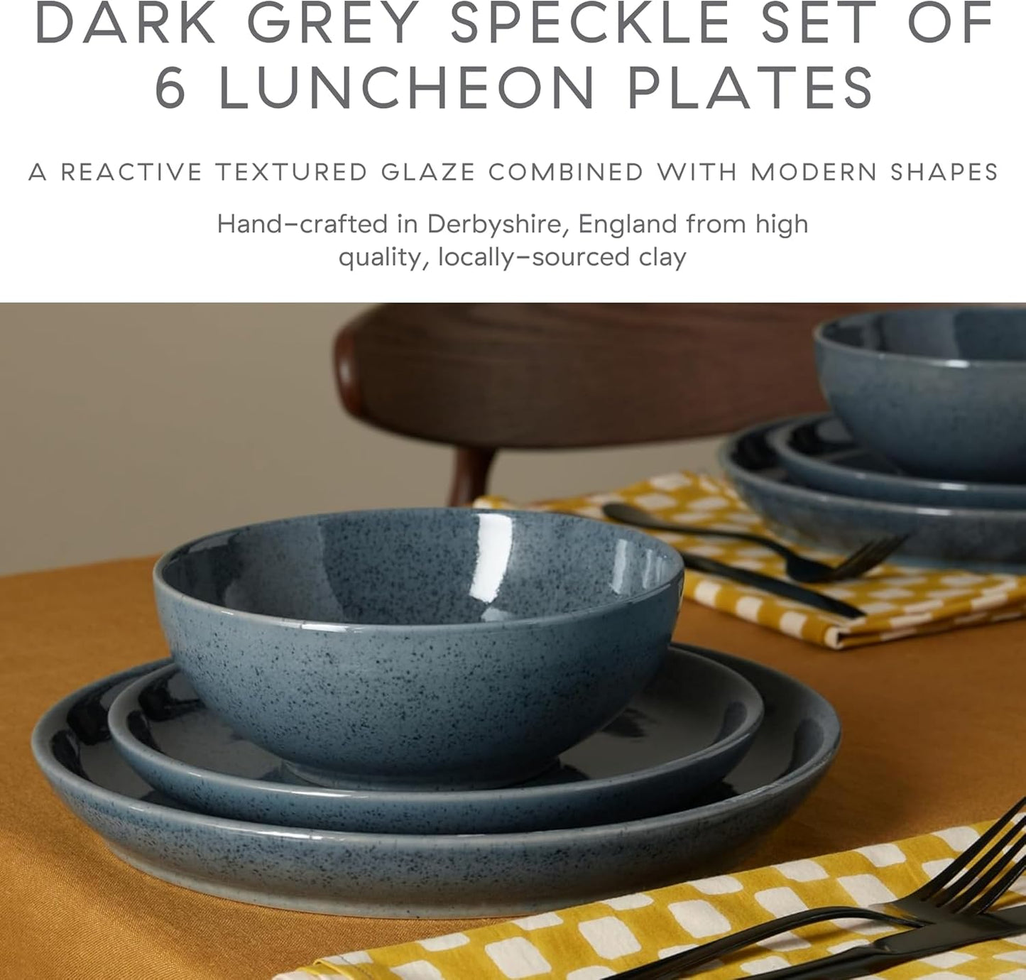 Denby - Dark Gray Speckle Medium Plates Set of 6 - Gray Reactive Glaze Patterned - Dishwasher, Microwave Safe Crockery 8.25" - Ceramic Stoneware Tableware - Chip & Crack Resistant