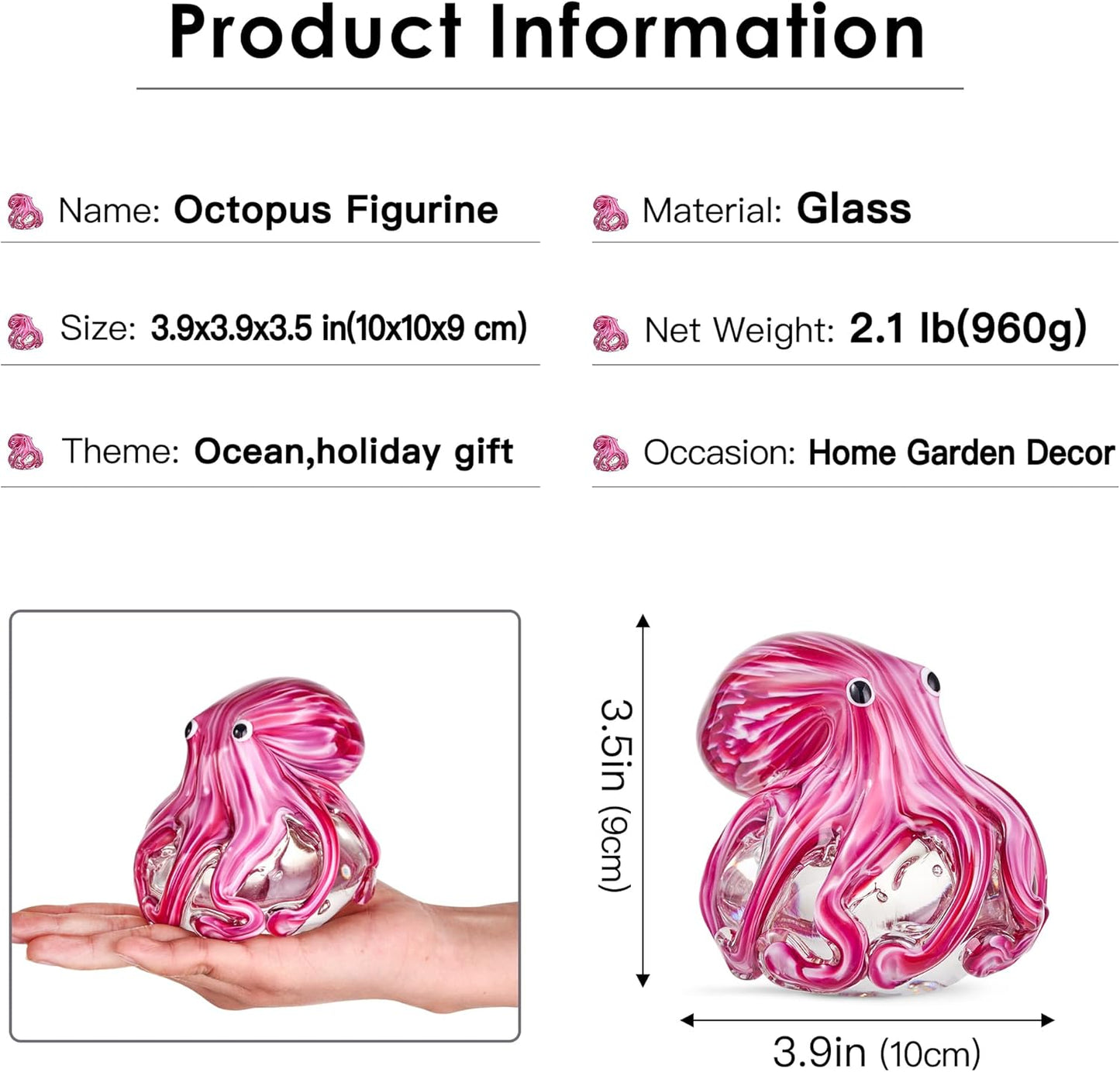 EUSTUMA Hand Blown Glass Octopus Figurine Ornament,Sea Animal Ornament for Fish Tank Aquarium,Sea Animals Collection for Birthday Gift,Glass Office Paperweight for Desk.