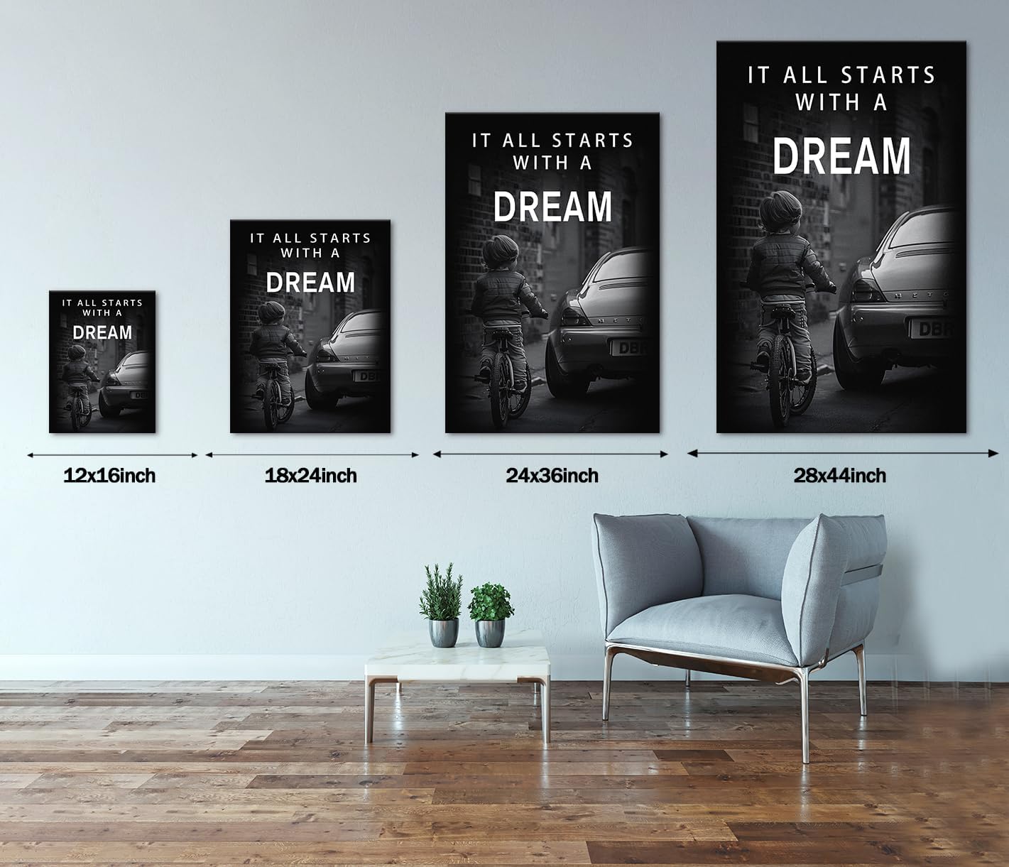 Large Inspirational Office Poster Canvas Wall Art It All Starts with A Dream Motivational Signs for Office School Black White Creative Nordic Positive Artwork Workplace Gym Decor Framed Art-28 inch x