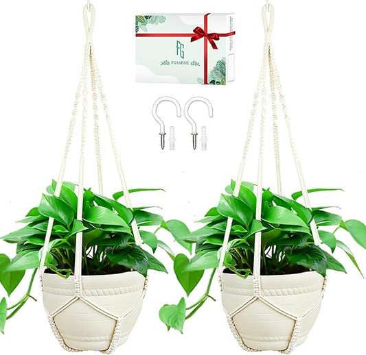 FGSAEOR Plant Basket Indoor Outdoor, Hanging 3-15 inch Pot, Bearing 20lb Planters, Macrame Hanging Planter Holder, 35-Inch Extra Long Strong Boho Home Décor (2-Pack) (Ivory)