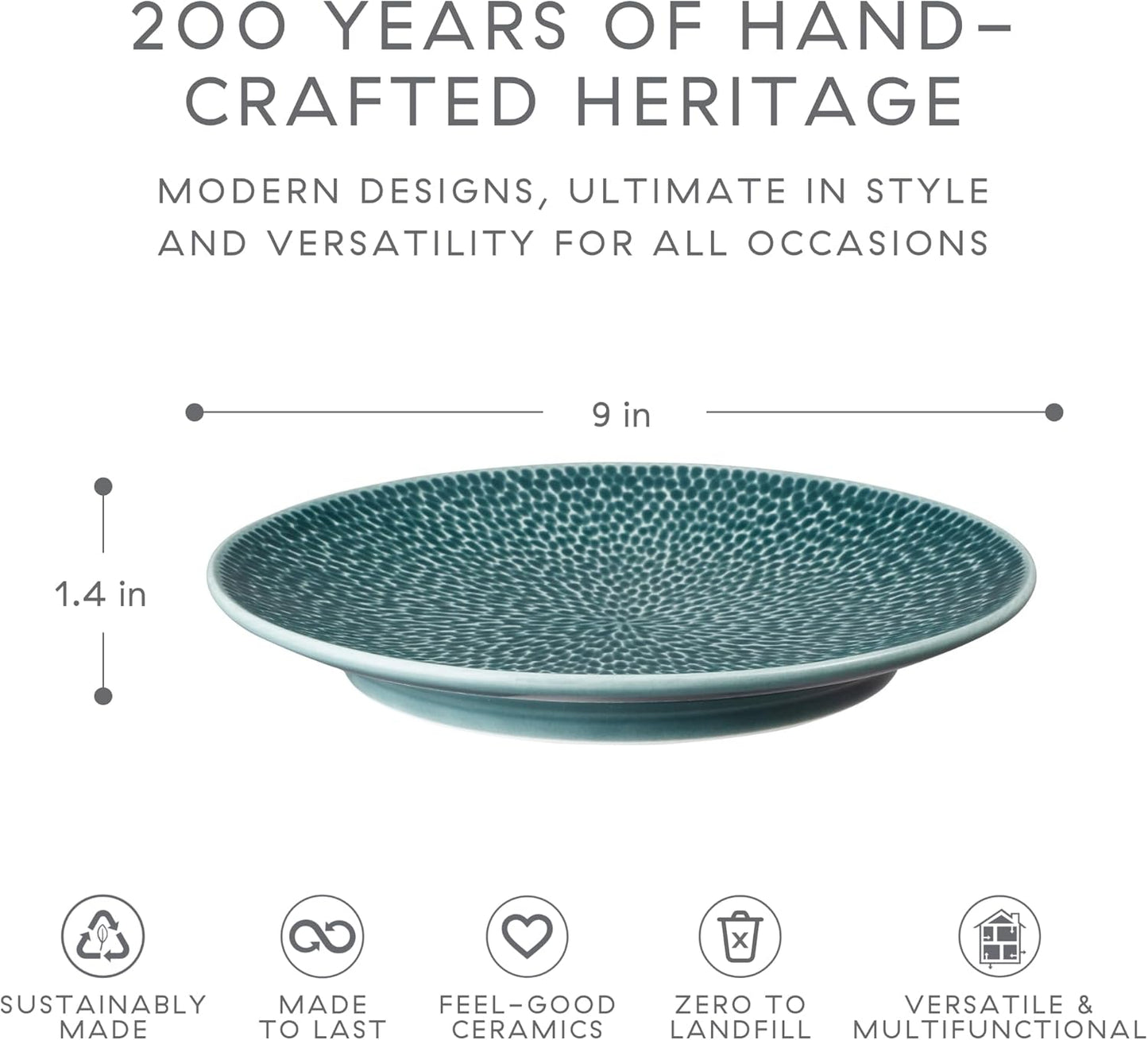 Denby - Carved Green Medium Plates Set of 4-9 Inch - Dishwasher Microwave Oven Safe - Uniquely Textured Porcelain Medium Plate - Scratch Chip Resistant