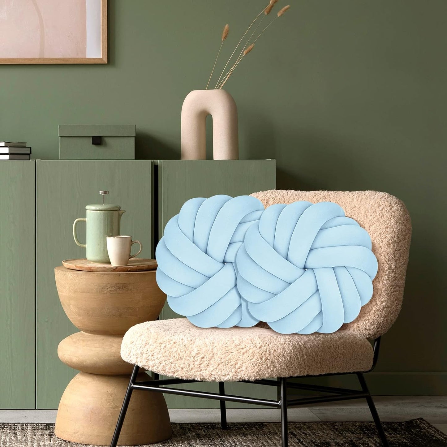 Fumete 2 Pcs 14 Inches Knot Pillow Round Throw Soft Plush Knot Ball Pillow Handmade Knotted Modern Home Decorative Cushion for Bed Bedroom, Sofa, Couch (Sky Blue)
