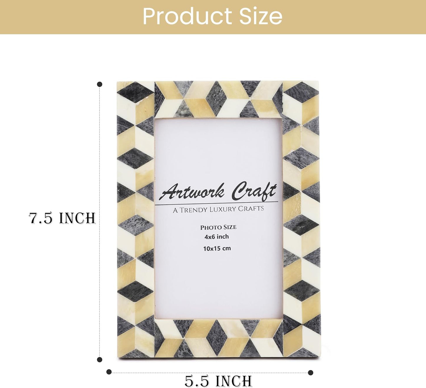 Handmade Bone Photo Frame 4x6 – Rustic Vintage Chevron Design, Boho Cube Grey & White Picture Frame for Tabletop or Wall Décor