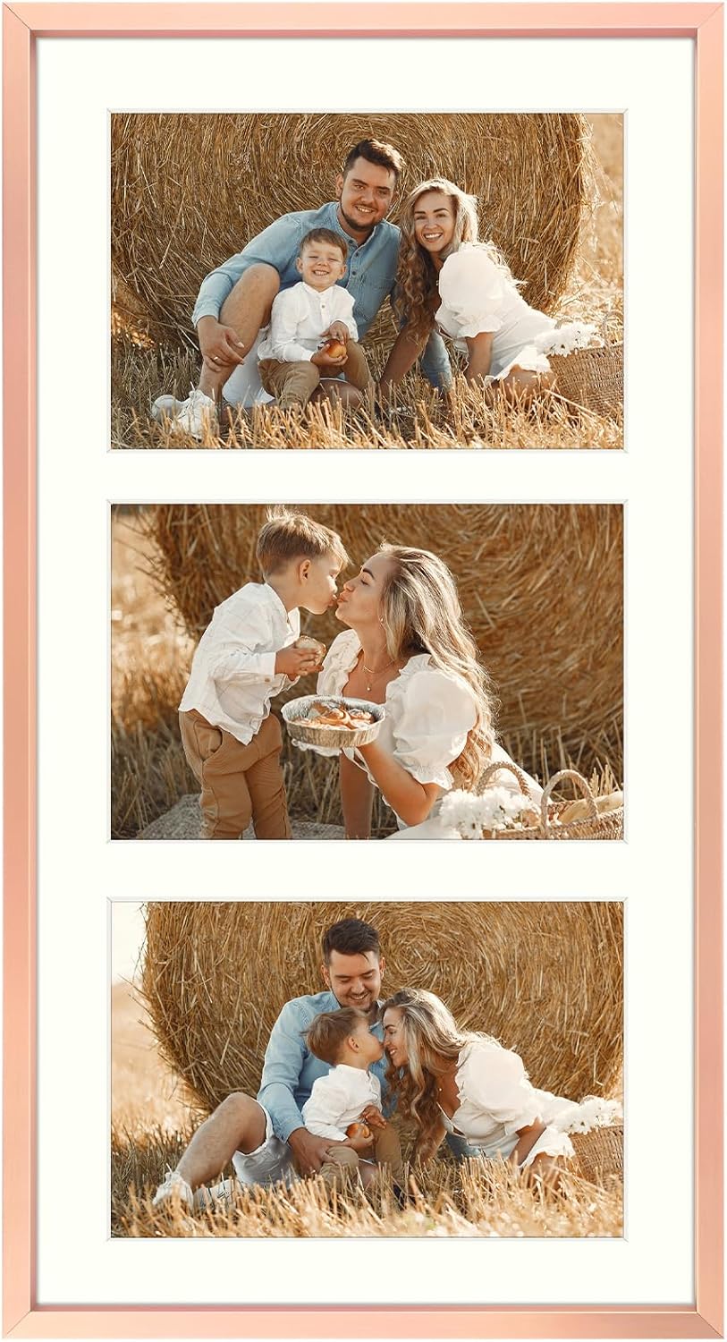 Frametory - 8.5x16.3 Aluminum Collage Picture Frame - Display 5x7 Pictures with 3 Openings Mat - Real Glass Front - Horizontal/Vertical Wall Mount - Rose Gold 1 Pack