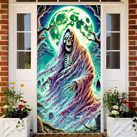 2D flat Ghost in Forest Door Cover Banner – Halloween Spirit Scary Door Decorations – Haunted Holiday Entryway Decor for Home 71x35 Inch
