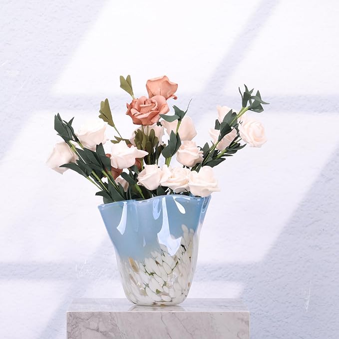 Hand Blown Glass vase, Blue Glass Art Wide Mouth vase for Home Living Room, Fireplace Decor, Table centerpieces, entryway Tables and Wedding Decor.