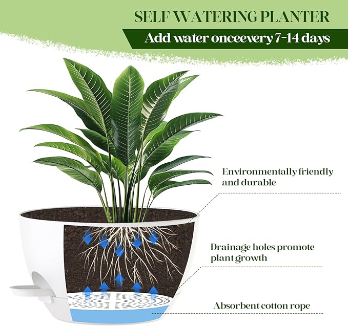 10 Inch Hanging Planters with Chains 2 Pack Self Watering White Plastic Hanging Pots for Indoor Outdoor Plants, Garden Porch Home Decor (White)