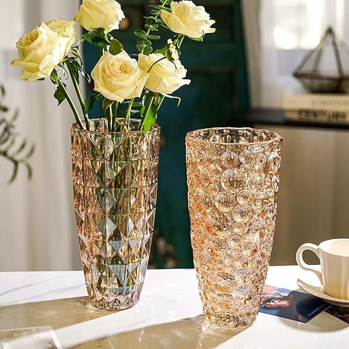 Unique Diamond-Shaped Amber Color Glass Flower Vase 11.8" Tall for Home Decor, Dining Wedding Table Office Holiday Party Centerpiece Decoration.
