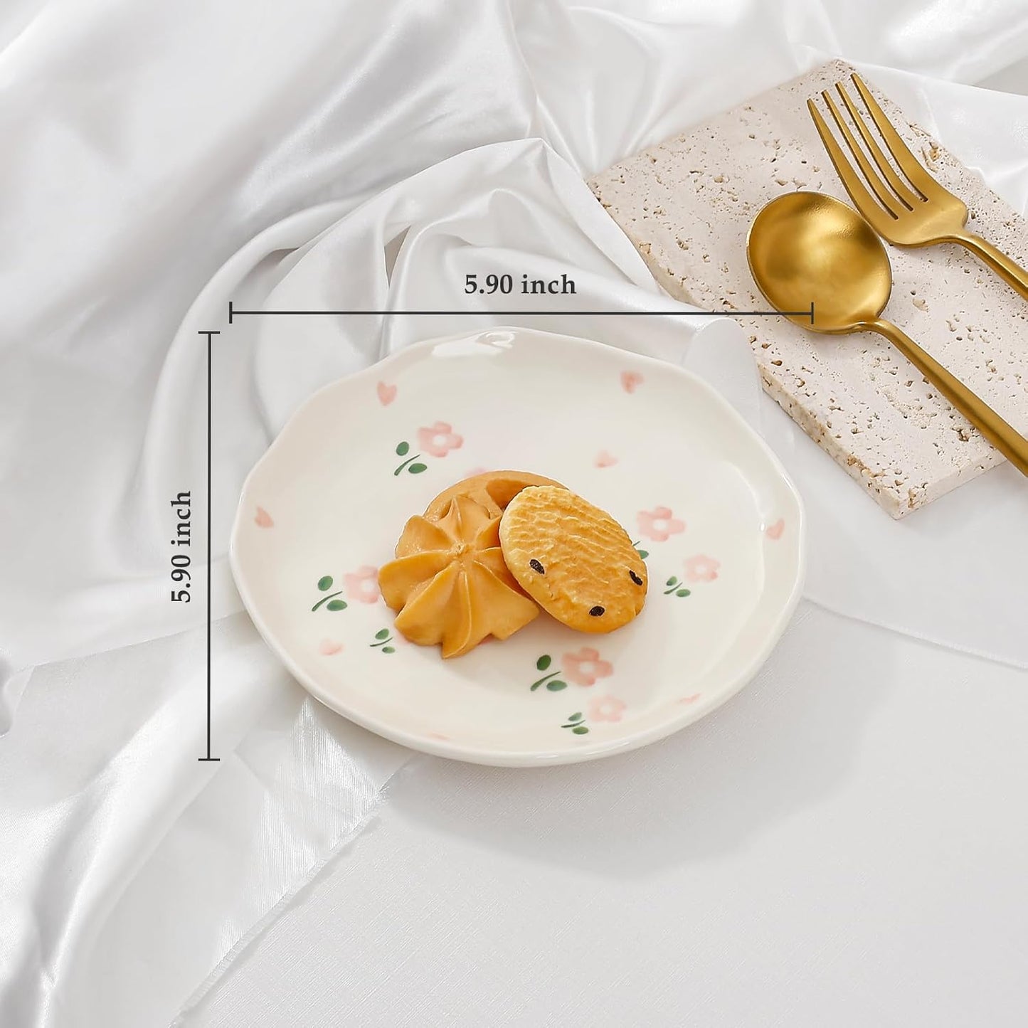 Koythin Ceramic Dessert Plates, Cute Fruits Dinner Plate, Printed Flowers Dinnerware for Office and Home, Kitchen Plates for Desserts (Double Flowers Blossoming)