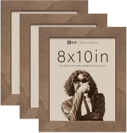VCK 8x10 Picture Frame 3 Pack - Brown Walnut, Exclusive Natural Wood Grain Solid Wood Picture Frame, Table Display or Wall Hanging