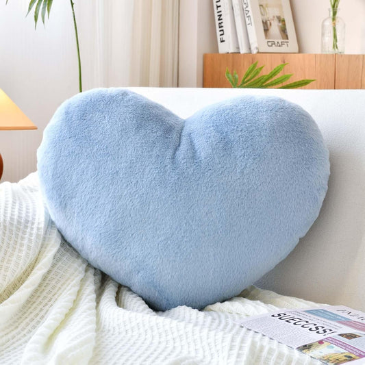 Dusty Blue Heart Pillows, Cute Heart Decorative Pillow, Heart Shaped Throw Pillows for Bed, Faux Rabbit Fur Plush Hoom Decor Pillow Cushion for Chair Sofa Living Room (Large-19.6"x15.7")