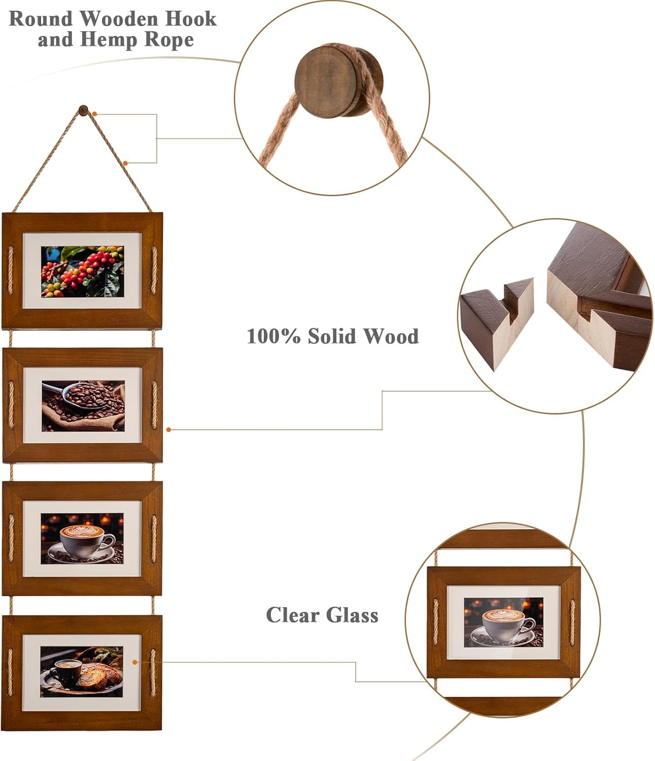 DLQuarts 5x7 Hanging Collage Picture Frames Wall Decor, 4-Opening 5x7 Matted to 3.5x5 Photo Rustic Wood Frame with Hemp Rope, 1 Pack, Dark Walnut