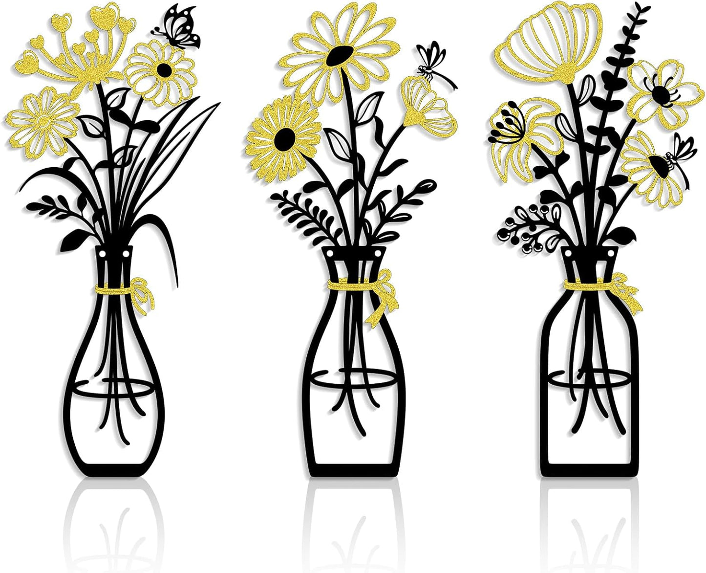 Iron Metal Vase Flower Wall Art Set of 3 - Minimalist Black Floral Decor for Living Room Bedroom Kitchen, Office Garden - Modern Farmhouse Home Decor & Housewarming Gifts (Black-Golden)