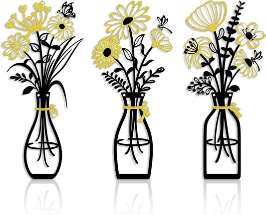Iron Metal Vase Flower Wall Art Set of 3 - Minimalist Black Floral Decor for Living Room Bedroom Kitchen, Office Garden - Modern Farmhouse Home Decor & Housewarming Gifts (Black-Golden)