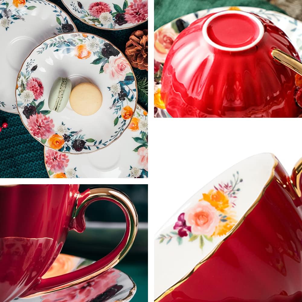 Coffee Cups and Saucers Set of 2,8 oz Tea Cup and Saucer Royal Vintage Ceramic Floral Lined Coffee Cup for Latte,Cappuccino,Porcelain Tea Sets Gift for Birthday Gifts(Red/Green)