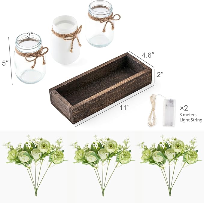 Mkono Mason Jar Lights Centerpiece Table Decorations for Dining Room Farmhouse Coffee Table Decor Wood Tray with 3 Jars Flowers for Kitchen Living Dining Room (Light Green)