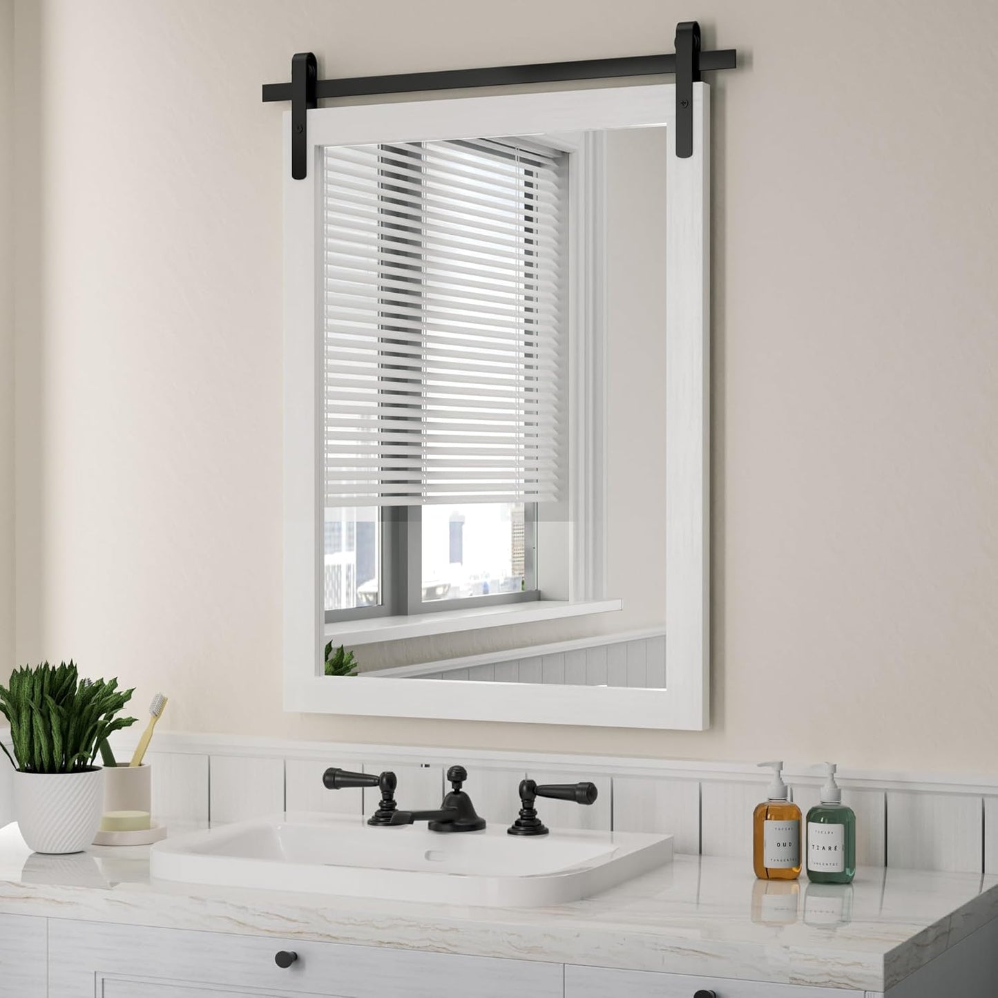 Farmhouse Mirror for Bathroom, White Rustic Vanity Mirror Wood Framed Decrative Mirrors, Barn Door Style Decor Entryway Bedroom 22x30INCH Horizontal