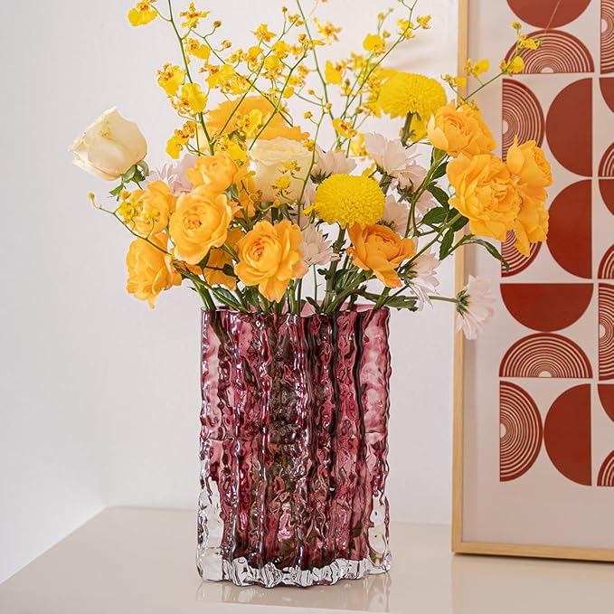 Glass Vase for Centerpieces, Diamond Shaped Vase for Flower, Modern Glacier Glass Vase for Home, Office Restaurant Desk Decor 8.3 Inch(Wine Red)