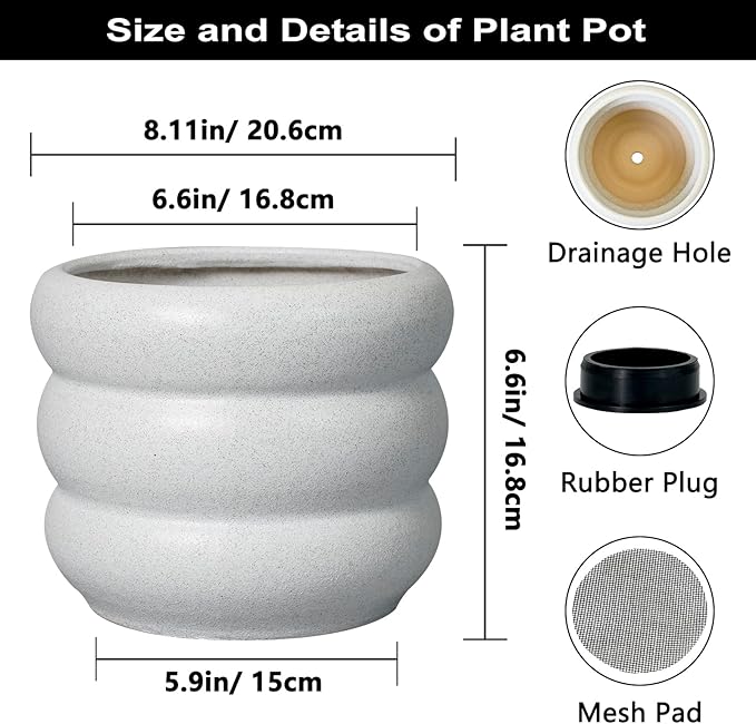 SQOWL Ceramic Planter for Indoor Plants - 8 Inch Plant Pot with Drainage Hole Outdoor Flower Pot Modern Round Planter Medium Plant Pot for Garden Office Decor White