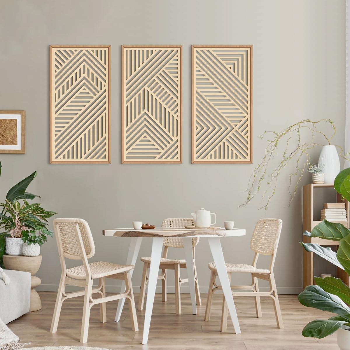IARTTOP Large Boho Wooden Wall Art 16x32 Inch Framed Mid century Modern Wood Wall Decor Minimalist Modern Bohemian Decor for Dining Room Living Room Bedroom Set of 3