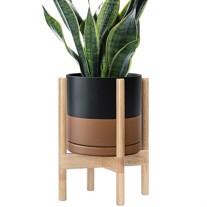 D'vine Dev Ceramic Planter with Natural Stand - 10 Inch Modern Round Flower Pot with Wood Planter Holder, Black/Speckled Tan, 55-B-K-7