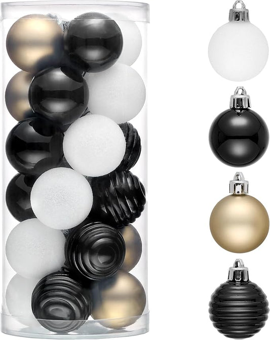 Valery Madelyn 1.57 Inches Small Christmas Tree Decorations Ornament Set for Fall Halloween, 24ct Black White Gold Shatterproof Hanging Ball Ornaments Holiday Party Decor