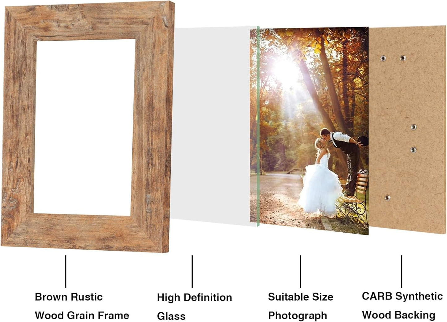 iRahmen 5x7 Picture Frame Set of 4, High Definition Real Glass Rustic Brown Frame, 5 x 7 Wood Photo Frames for Tabletop Display and Wall Mounting