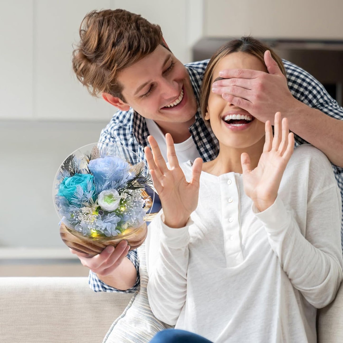 Long-lasting real flowers，Preserved Rose in Glass Dome with Hydrangea and LED Light，Roses Gifts for Women Mom Her Grandma on Mothers Day Birthday Valentines Day Christmas Thanksgiving(Aqua&Blue Rose)