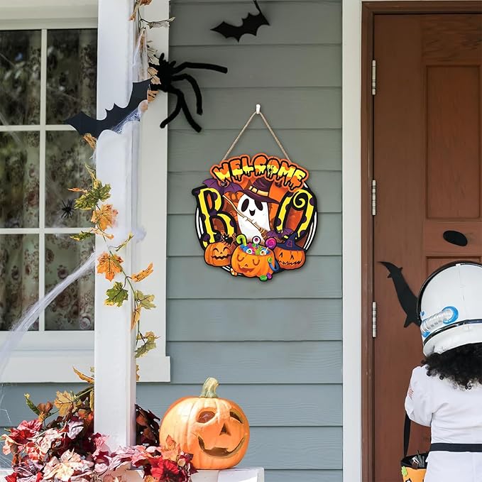 Welcome Halloween Door Sign,Ghost Door Wreath,Pumpkin Wall Sign,Pumpkin Ghost Wall Decoration,Funny Boo Welcome Halloween Plaque for Party Home Porch Yard Office Outdoor Nursery Living Room