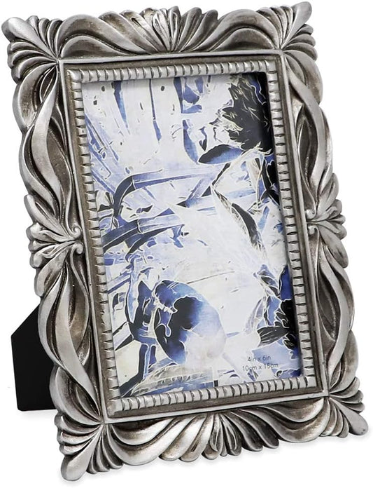 Isaac Jacobs 4x6 Silver Wave Textured Hand-Crafted Resin Picture Frame with Easel & Hook for Tabletop & Wall Display, Decorative Swirl Design Home Décor, Photo Gallery, Art, More (4x6, Silver)