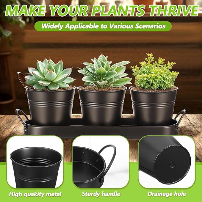 2 Sets Herb Planter with Tray Metal Herb Garden Planter with Drainage Farmhouse Windowsill Pots for Indoor Plants Flower Succulent Outdoor Kitchen Apartment Balcony Window (Black)
