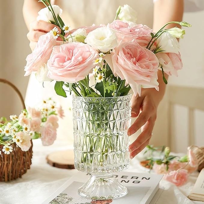 BLOFLO Embossed Glass Vase, 7'' Crystal Glass Vases, Pedestal Big Base Glass Bouquet Vase, Hydroponic Glass Transparent Vase for Home Office Wedding Dining Table Party (Long Rhombus Pattern)