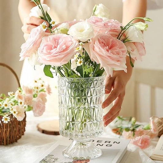 BLOFLO Embossed Glass Vase, 7'' Crystal Glass Vases, Pedestal Big Base Glass Bouquet Vase, Hydroponic Glass Transparent Vase for Home Office Wedding Dining Table Party (Long Rhombus Pattern)