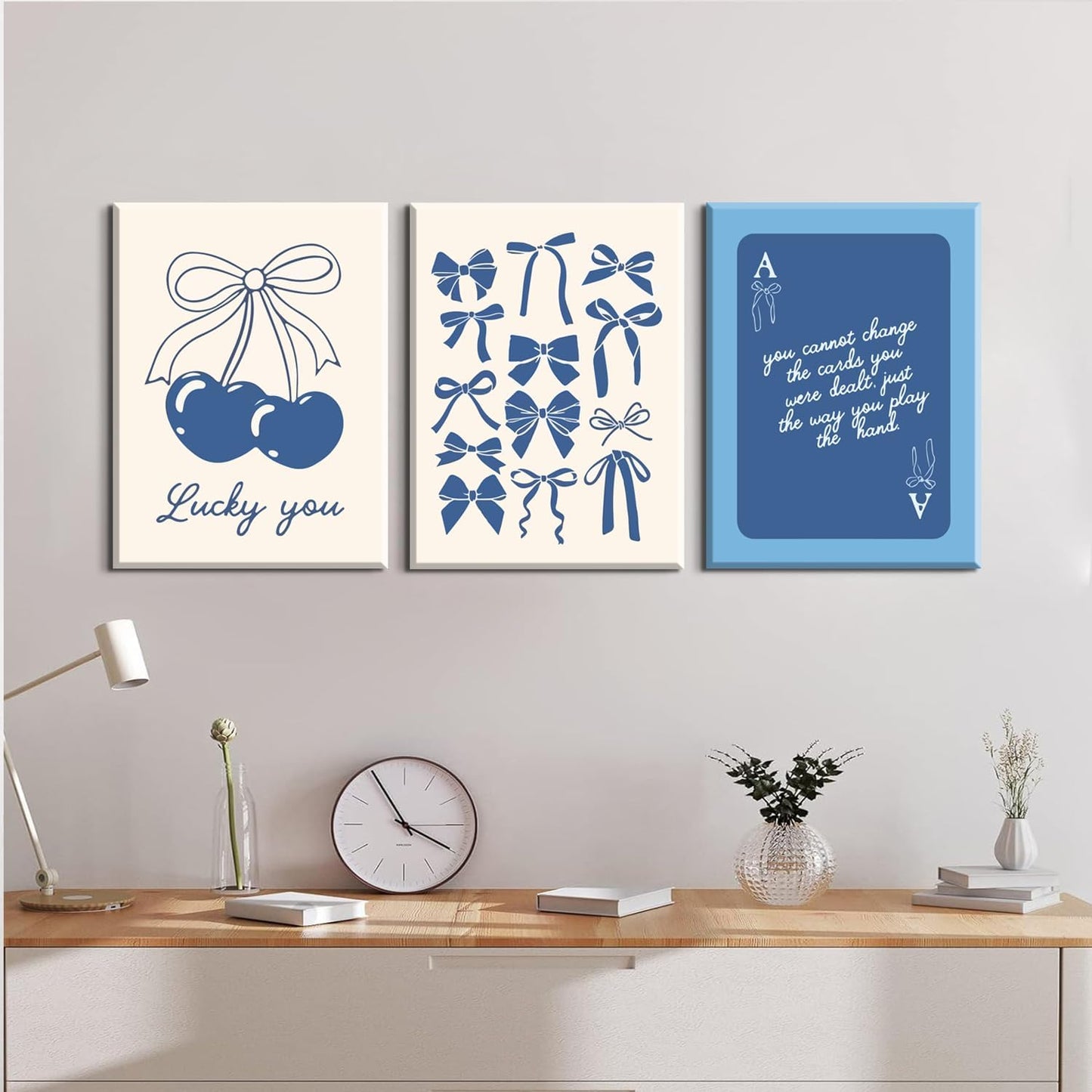 Julaydi Blue Preppy Wall Art Framed Set of 3 Trendy Navy Bow Posters Cherry Lucky You Poker Canvas Prints Minimalist Painting Picture Girly College Apartment Decor for Living Room Bedroom Dorm 16x24in
