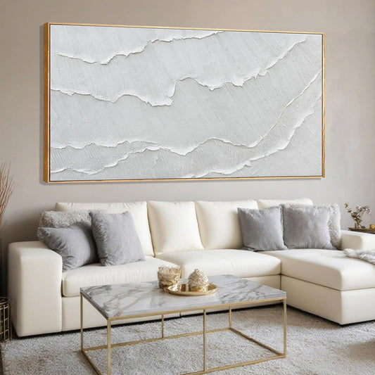 Contemporary Gray-White Abstract Flat printing Wall Art with Frame Large Canvas Ocean waves Painting for Living Room Bedroom Above Couch Decor 29"x58"