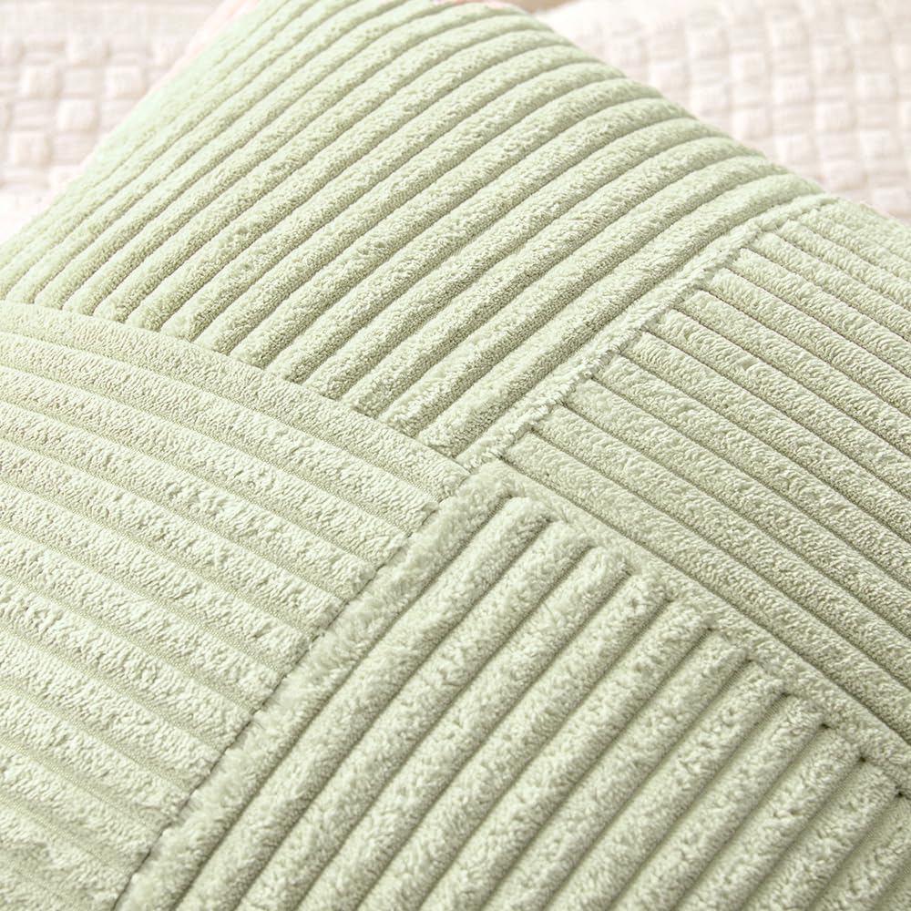 MIULEE Light Green Corduroy Pillow Covers Pack of 2 Boho Decorative Spliced Throw Pillow Covers Soft Solid Couch Pillowcases Cross Patchwork Textured Cushion Covers for Living Room Bed Sofa 20x20 inch