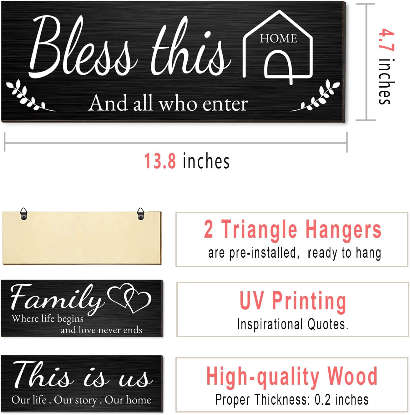 Joyhawk 4 Pieces Home Wall Decor Signs, THIS IS US/TOGETHER/BLESS THIS HOME/FAMILY Wall Decor For Living Room Bedroom, Rustic Wooden Farmhouse Wall Art Decor, 4.7 x 13.8 Inch(Black)
