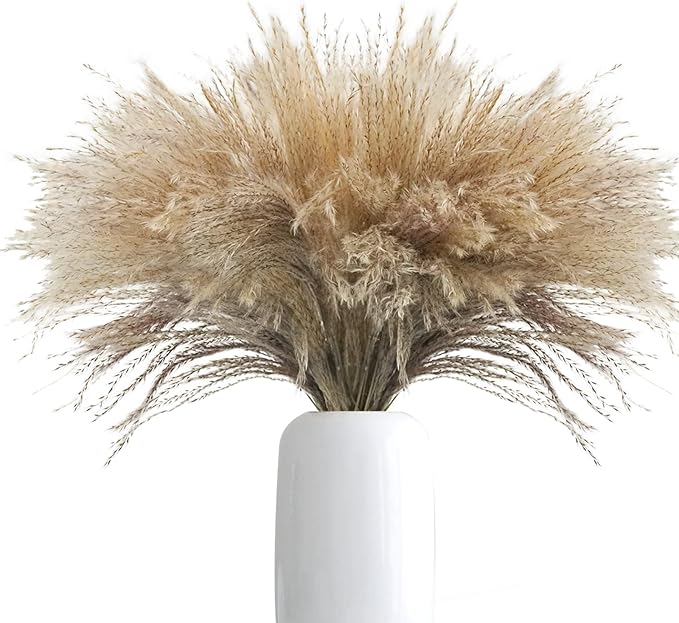 Uieke 100Pcs Natural Dried Pampas Grass Plume 17inch Tall Dried Flowers Large Faux Reed Artificial Plants for Wedding Flower Arrangements Farmhouse Wreath Door Centerpiece Home Décor Brown