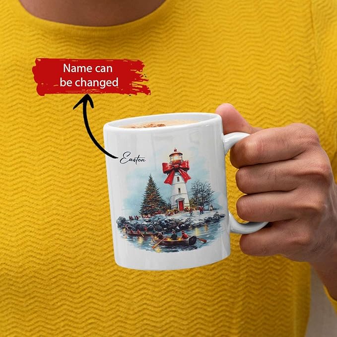 Unique Rowing Festival Cup, Custom Name Holiday Mug, Personalized Christmas Coffee Cup, Gift For Winter Lovers, Customized Christmas Accent Mug, Lighthouse And Bow Ceramic Cup 11oz 15oz