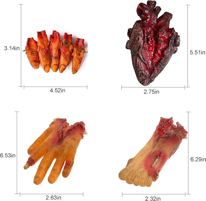4PCS Halloween Fake Scary Severed Body Parts (Hand, Foot, Heart, Fingers) for Party Decorations