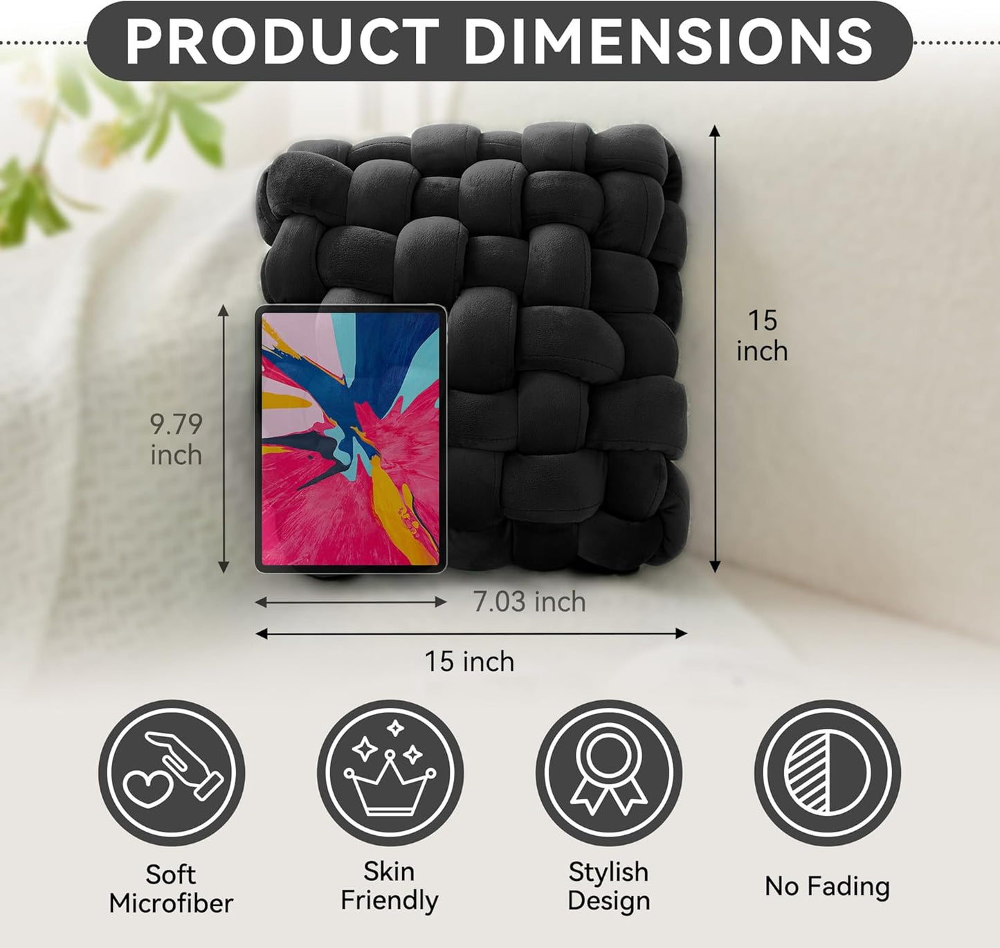 JELLYMONI Black Square Knot Throw Pillow, Large Size Home Decorative Pillows, Decorative Ins Throw Pillows, Soft Velvet Knotted Decor for Bedroom, Living Room and Couch (L- 15"×15"×4", Black)