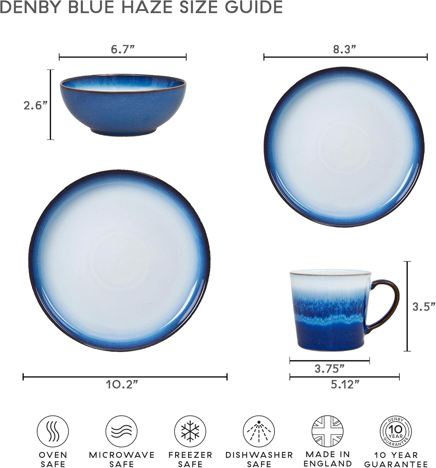 Denby - Blue Haze Coupe Dinner Plates Set of 6 - Dishwasher Microwave Oven Safe - Scratch Chip Resistant - Large Ceramic Stoneware Dinnerware Plates Set