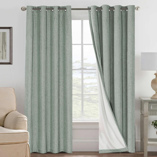 H.VERSAILTEX Linen Blackout Curtains 108 Inches Long 100% Blackout Thermal Insulated Textured Linen Look Curtain Draperies Anti-Rust Grommet, Energy Saving with White Liner, 2 Panels, Green Bay
