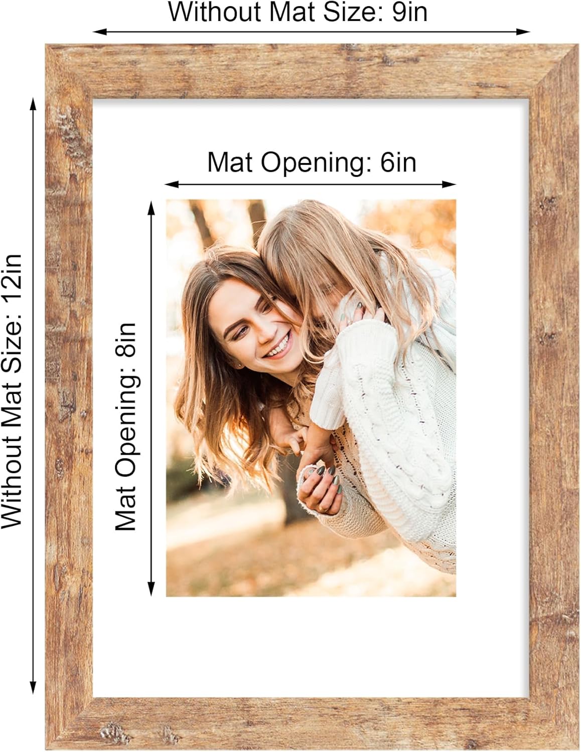 iRahmen 9x12 Picture Frame Set of 2, Rustic Brown Wood Frame with Tempered Glass, Display Pictures 6x8 with Mat or 9 x 12 without Mat for Horizontal or Vertical Tabletop and Wall Mounting