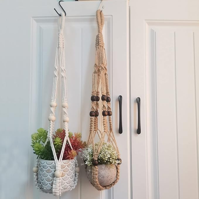 Macrame Plant Hanger 35", No Tassel Hanging Plant Holder, Sturdy Flower Pot Holder with 2 Hooks - Brown