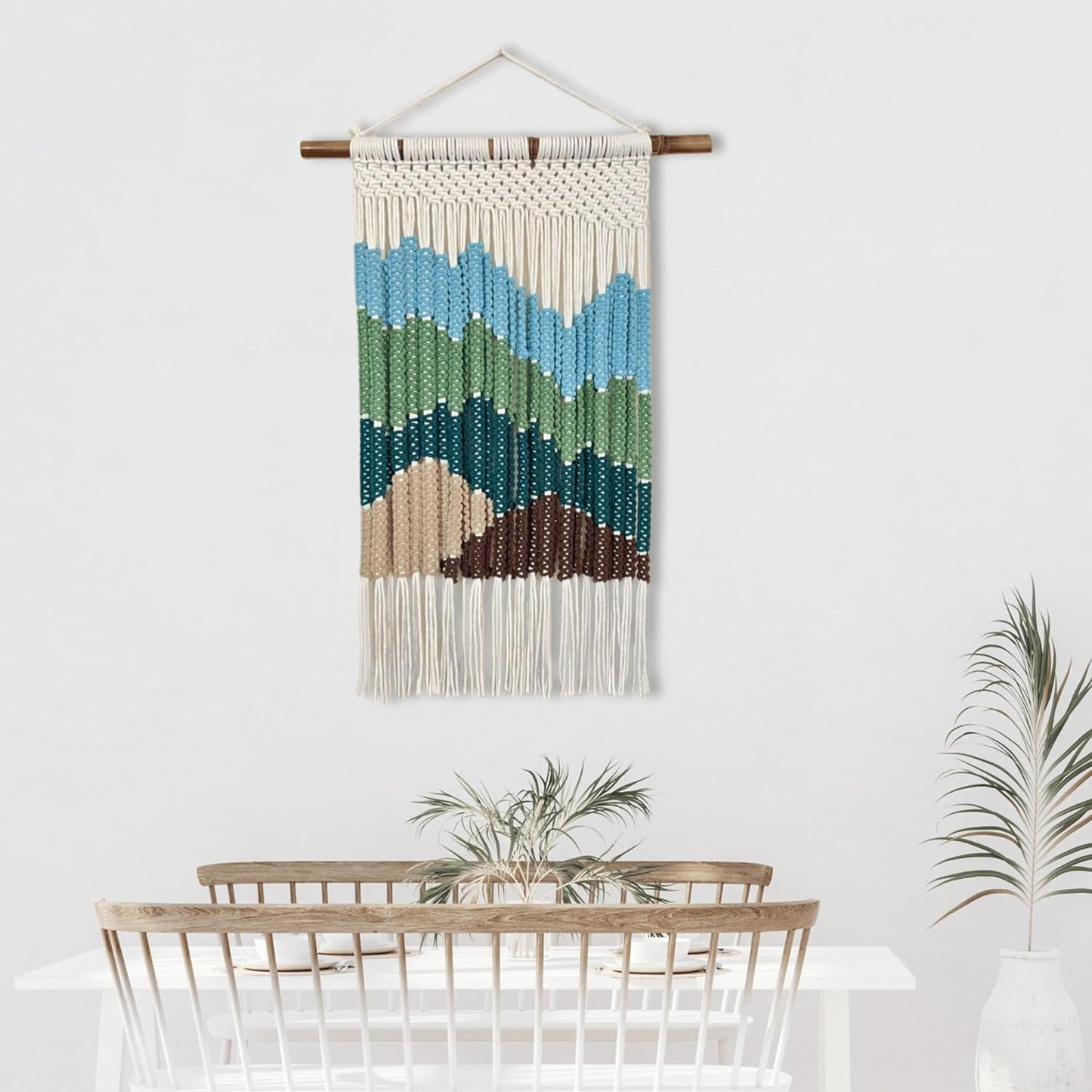 Knots & Beyond Boho Macrame Wall Hanging Green & Blue, Woven Tapestry Wall Decor, Fabric Wall Art for Living Room, 22" x 28"