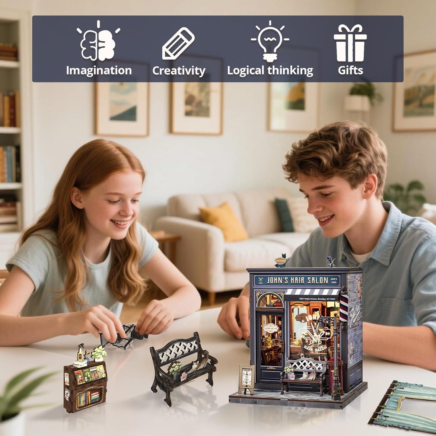 Cutefun Book Nook Kit - DIY Miniature Dollhouse Kit for Adults and Teens, Retro Barbershop Mini House Building Kit with LED Bookshelf Insert Decor Creative Gifts (John's Hair Salon)