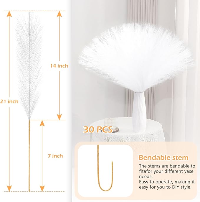White Pampas Grass Decor 30 Pcs 21.7 Inch Faux Pampas Grass Bulk Artificial Dried Flowers Small Vase Filler Pompas Grass.