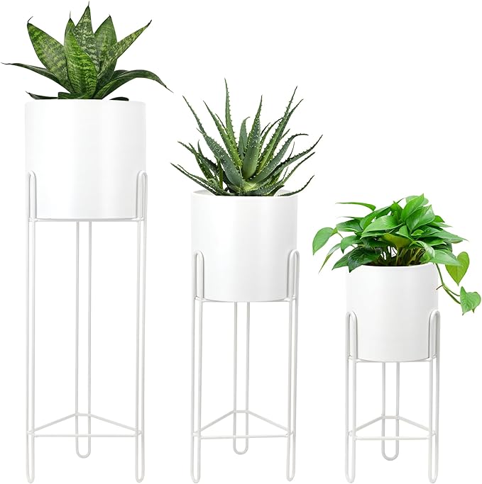 TRIROCKS Set of 3 Planters with Stand Indoor Otdoor Tall Planters for Indoor Plants 29 &22 &12" Morden Planters Flower Pots for Living Room Corner Kitchen Office Garden Balcony Patio Decor(White)
